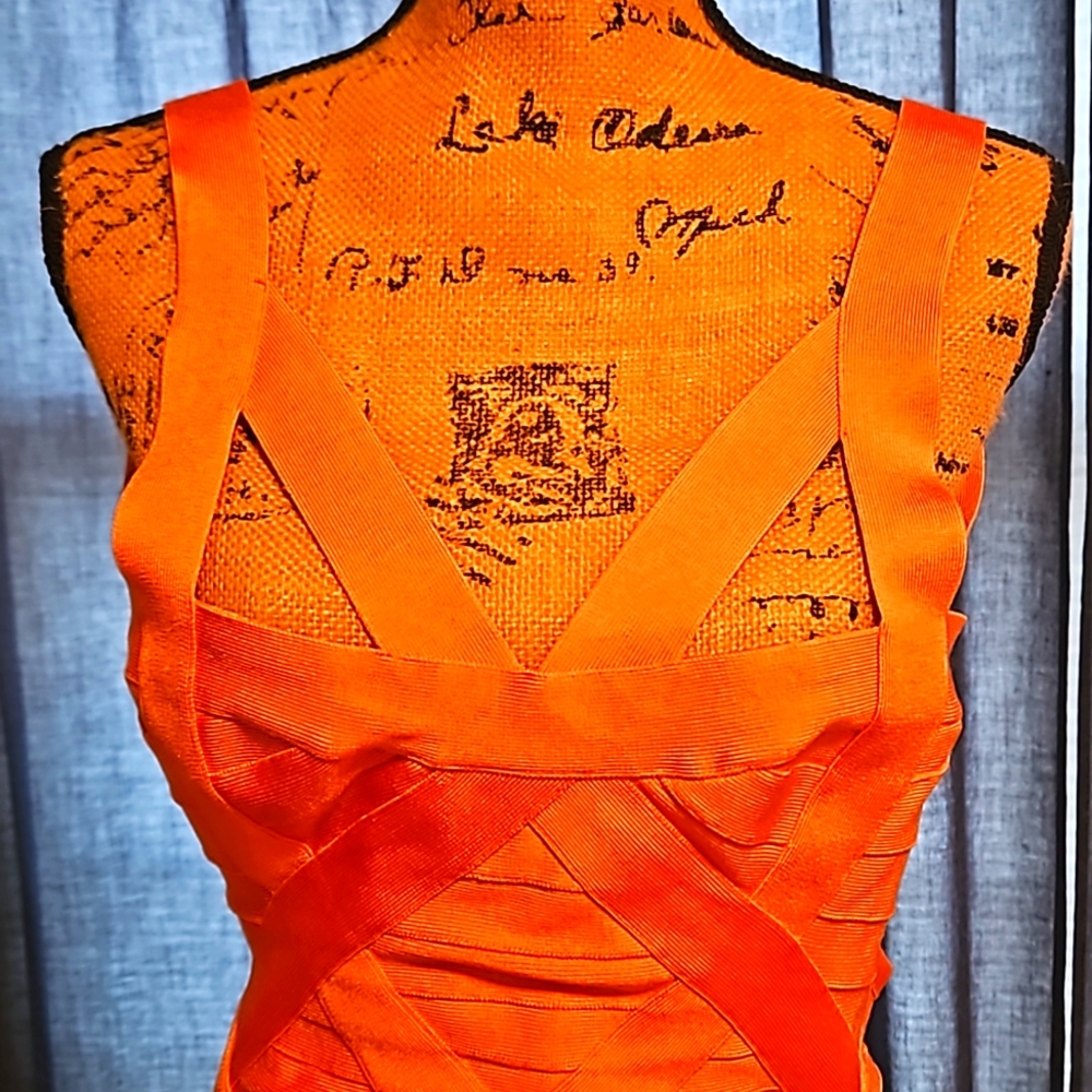 Herve Leger V neck orange dress